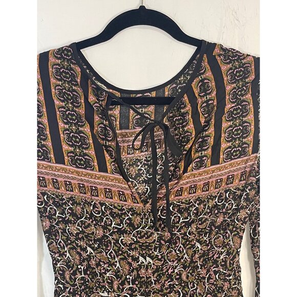 ecote long sleeve shirt blouse boho fringe floral black brown sheer tie READ - Picture 6 of 7